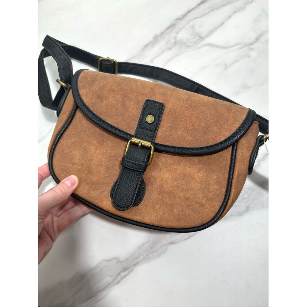 Bass Mocha Brown with Black Trim Faux Suede Crossbody Saddle Bag NWT One Size